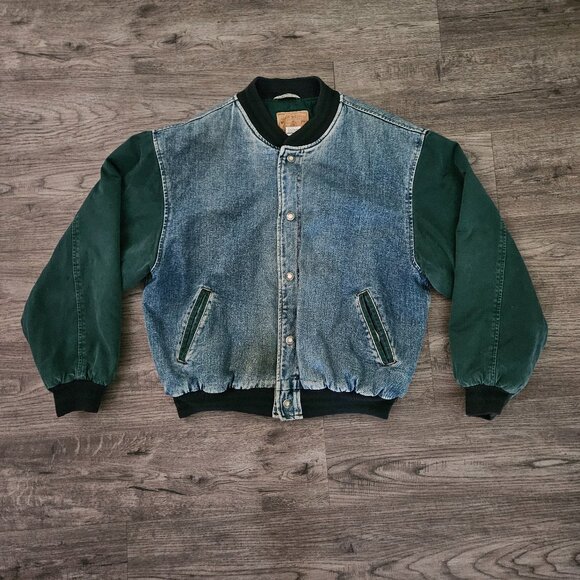GAP Denim Varsity Jacket Blue Green Quilted Lined 90s Vintage Men’s L - Picture 1 of 9